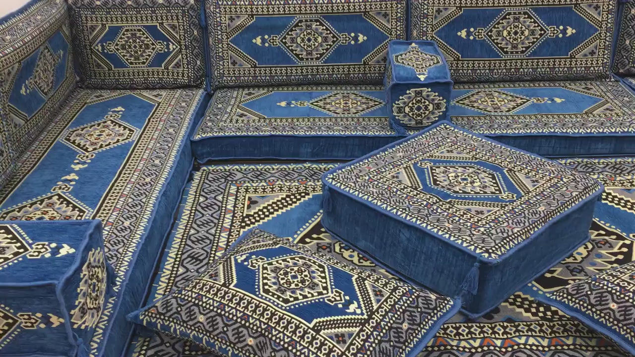 Arabic Floor Sofa Set – Blue U Shaped Majlis Sectional with 8 Inch Cushions