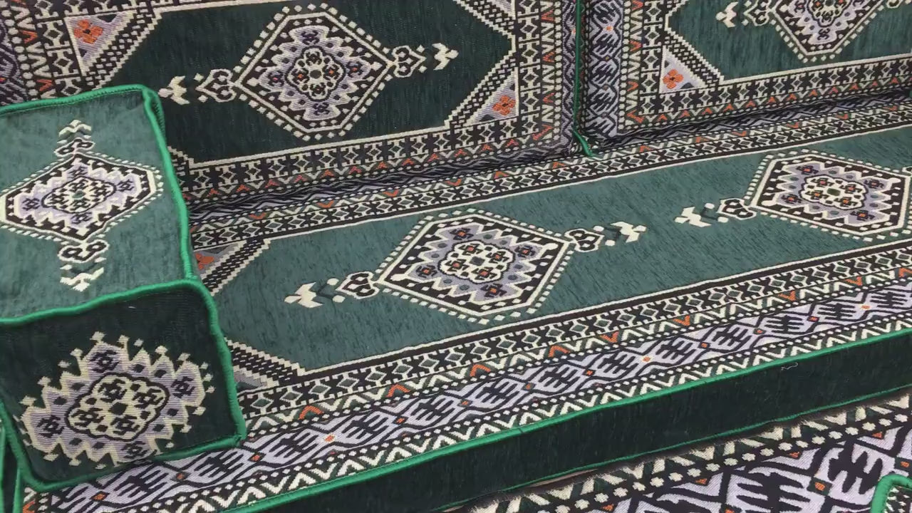 Arabic Floor Sofa Set – Green U Shaped Majlis Sectional with 8 Inch Cushions
