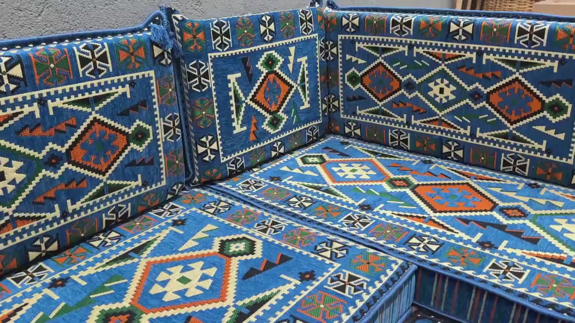 Arabic Floor Sofa Set – Navy Blue U Shaped Majlis Sectional with 8 Inch Cushions