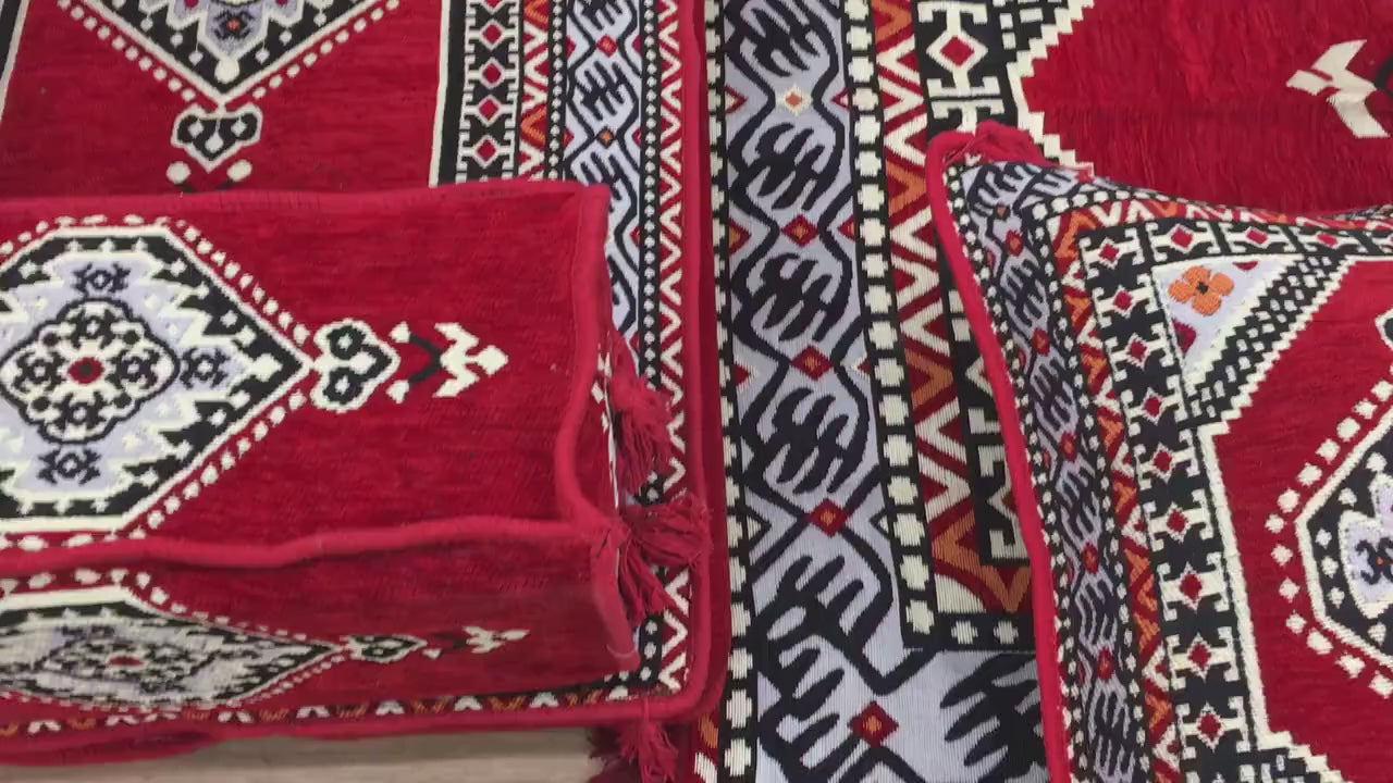 Arabic Floor Sofa Set – Maroon L Shaped Majlis Sectional with 4 Inch Cushions