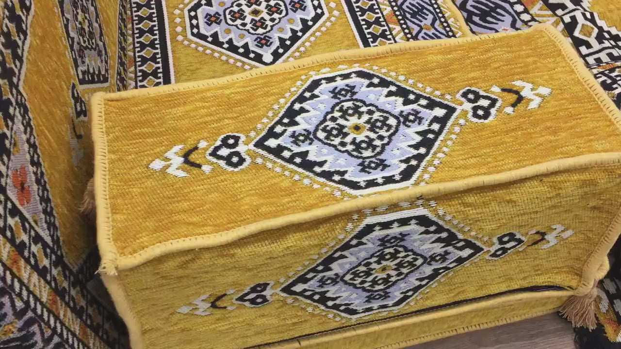 Arabic Floor Sofa Set – Yellow L Shaped Majlis Sectional with 4 Inch Cushions