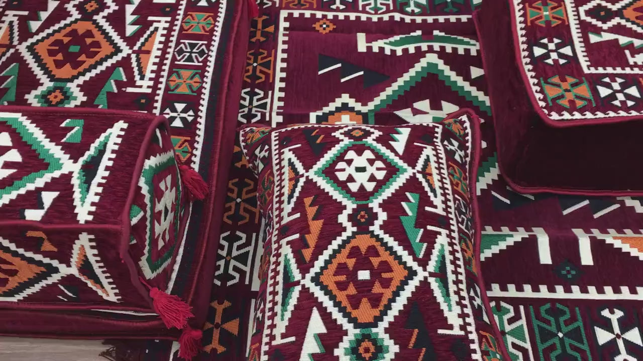 Arabic Floor Sofa Set – Maroon U Shaped Majlis Sectional with 8 Inch Cushions