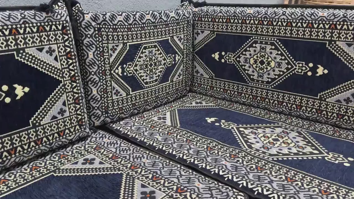 Arabic Floor Sofa Set – Navy L Shaped Majlis Sectional with 8 Inch Cushions